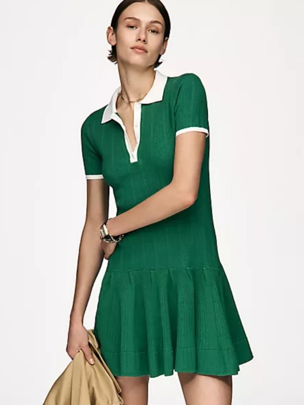 Anthropologie Maeve Green Polo Knit Mini Dress with White Trim *NWT *Large